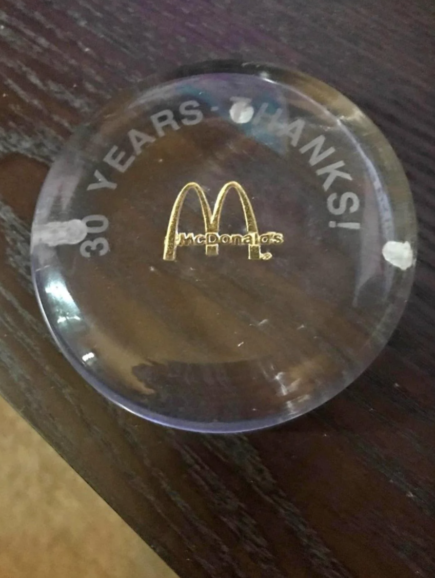 Award for 30 years of service at McDonald's, paperweight shaped like a Hamburger.