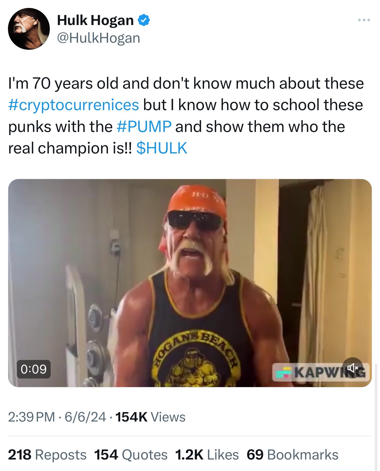 photo caption - Hulk Hogan Hogan I'm 70 years old and don't know much about these but I know how to school these punks with the and show them who the real champion is!! $Hulk HD Hogane Beach Kapwing 66 Views 218 Reposts 154 Quotes 69 Bookmarks