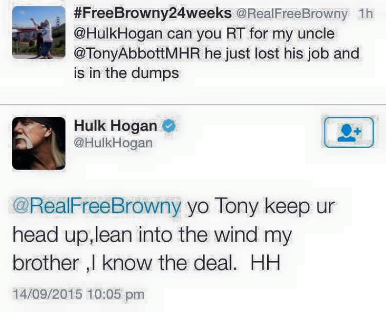 screenshot - 1h Hogan can you Rt for my uncle he just lost his job and is in the dumps Hulk Hogan Hogan yo Tony keep ur head up, lean into the wind my brother, I know the deal. Hh 14092015