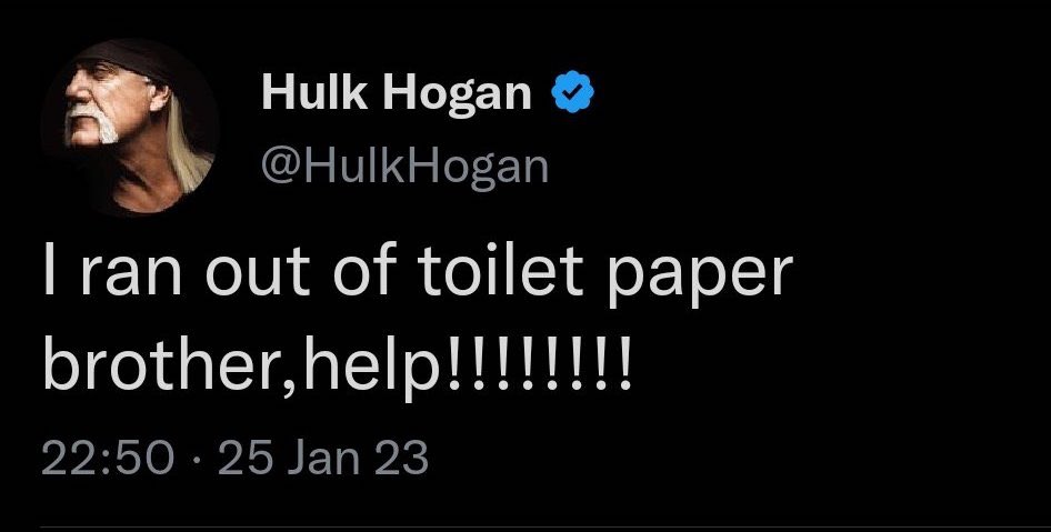 screenshot - Hulk Hogan I ran out of toilet paper brother, help!!!!!!!! 25 Jan 23