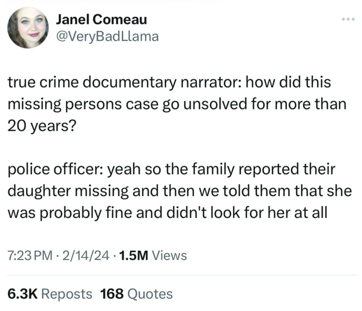 screenshot - Janel Comeau true crime documentary narrator how did this missing persons case go unsolved for more than 20 years? police officer yeah so the family reported their daughter missing and then we told them that she was probably fine and didn't l
