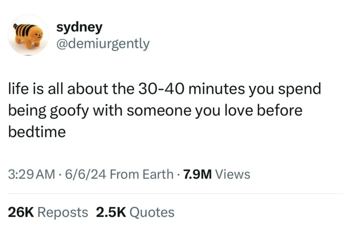 screenshot - sydney life is all about the 3040 minutes you spend being goofy with someone you love before bedtime 6624 From Earth 7.9M Views 26K Reposts Quotes