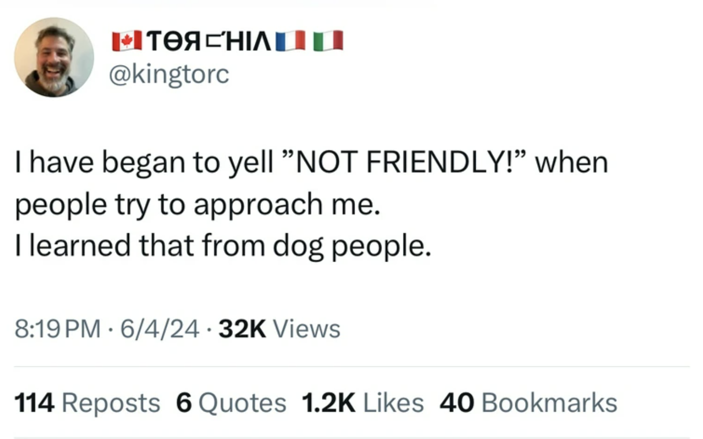 screenshot - I have began to yell "Not Friendly!" when people try to approach me. I learned that from dog people. 64 Views 114 Reposts 6 Quotes 40 Bookmarks