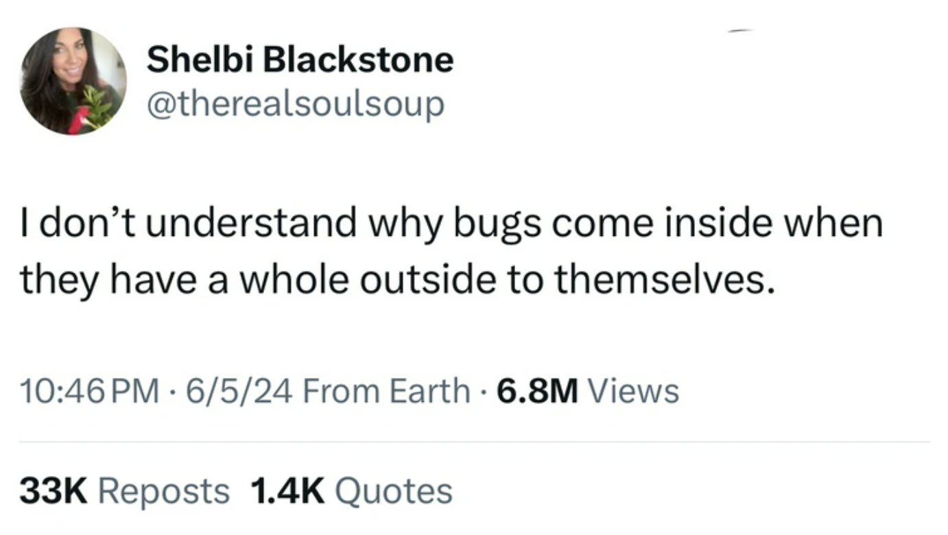 screenshot - Shelbi Blackstone I don't understand why bugs come inside when they have a whole outside to themselves. 6524 From Earth 6.8M Views 33K Reposts Quotes