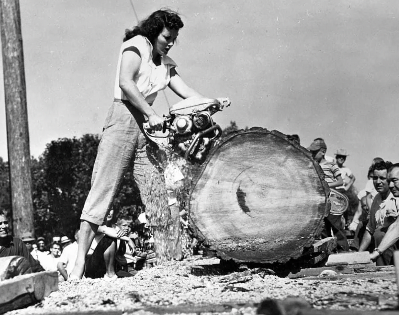 Lumberjill Jeri Smith won first place at the Timber Days Festival in Sutherlin, Oregon, 1953.