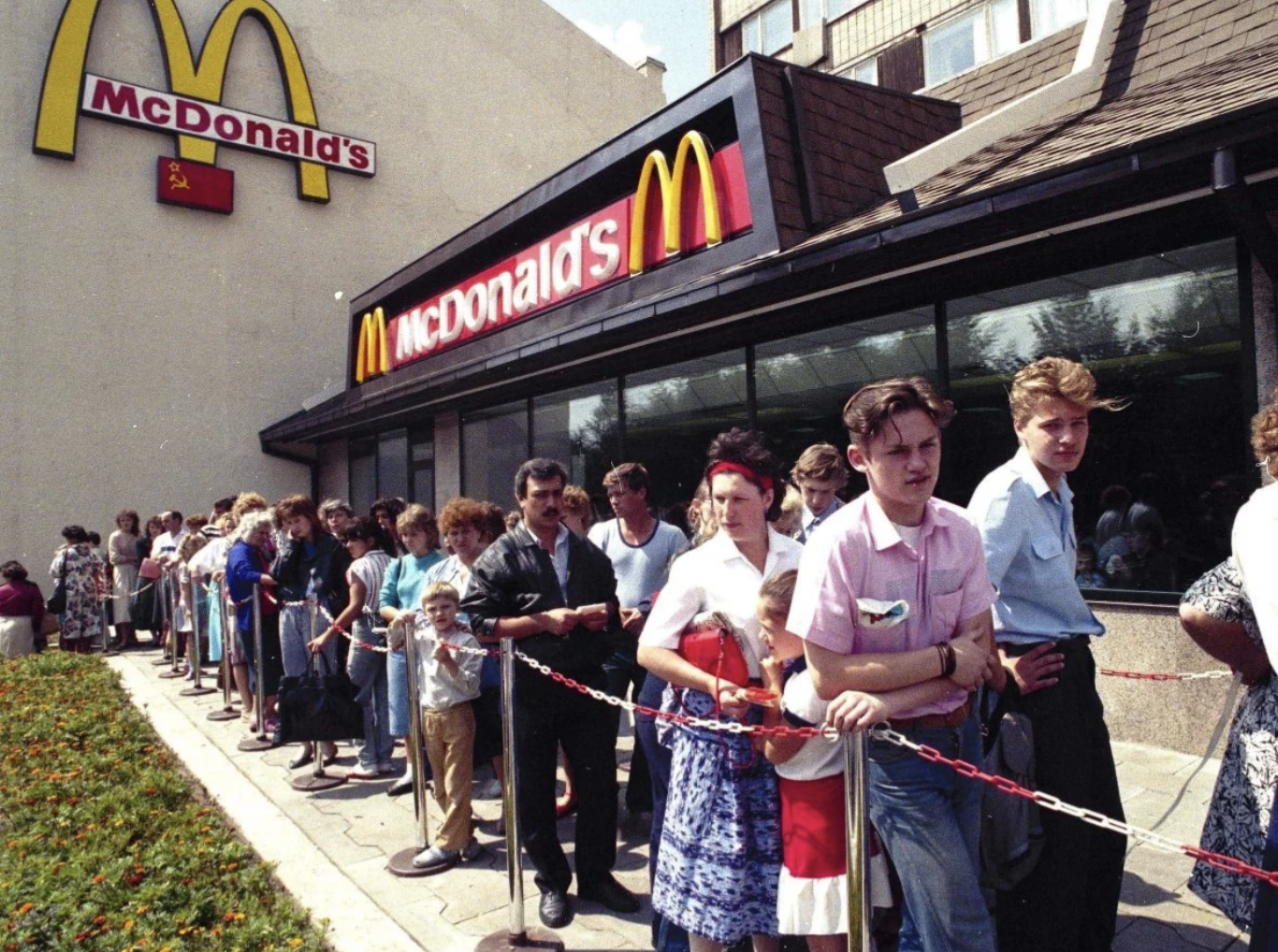Russians wait in line outside the first McDonald's fast food restaurant in Moscow, 1991.