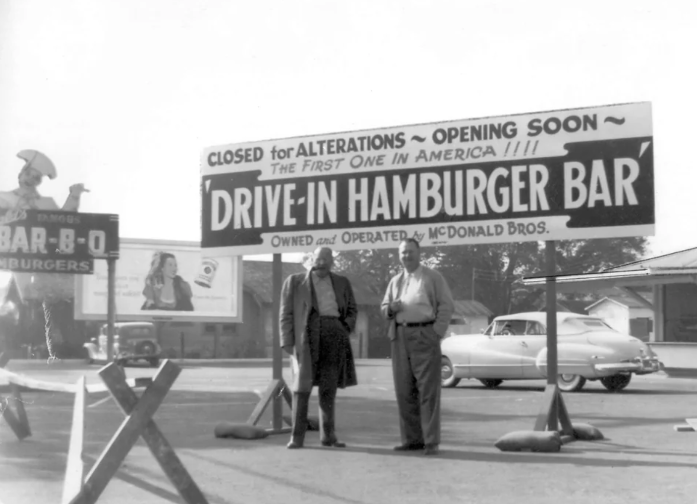 The McDonald brothers in front of the not yet opened first McDonald's, November 1948, San Bernadino, CA.