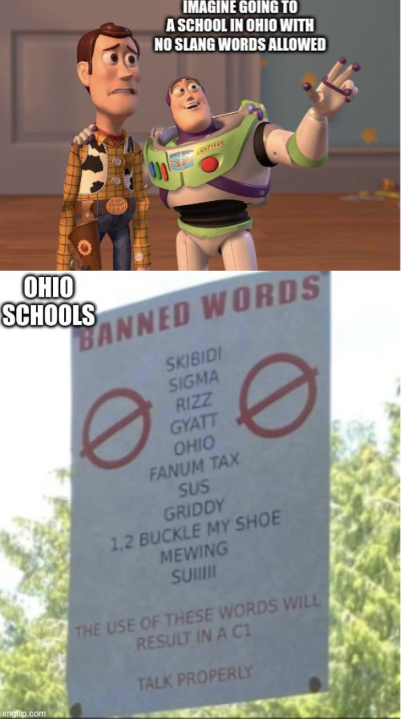 kids kids everywhere - Imagine Going To A School In Ohio With No Slang Words Allowed Ohio Schools Banned Words Skibidi Sigma Rizz Gyatt Ohio Fanum Tax Sus Griddy 1.2 Buckle My Shoe Mewing Summ The Use Of These Words Will Result In A Cl Talk Properly