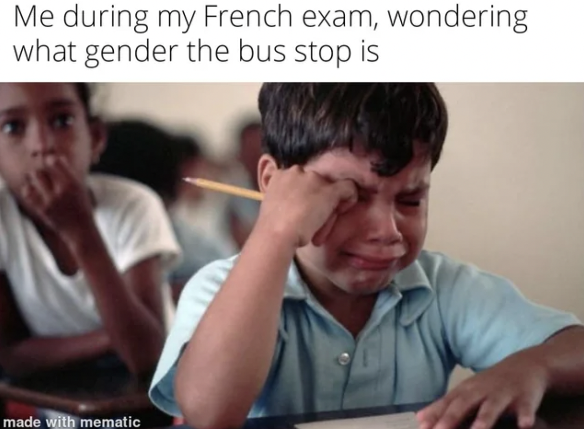 it's career day and your dad - Me during my French exam, wondering what gender the bus stop is made with mematic