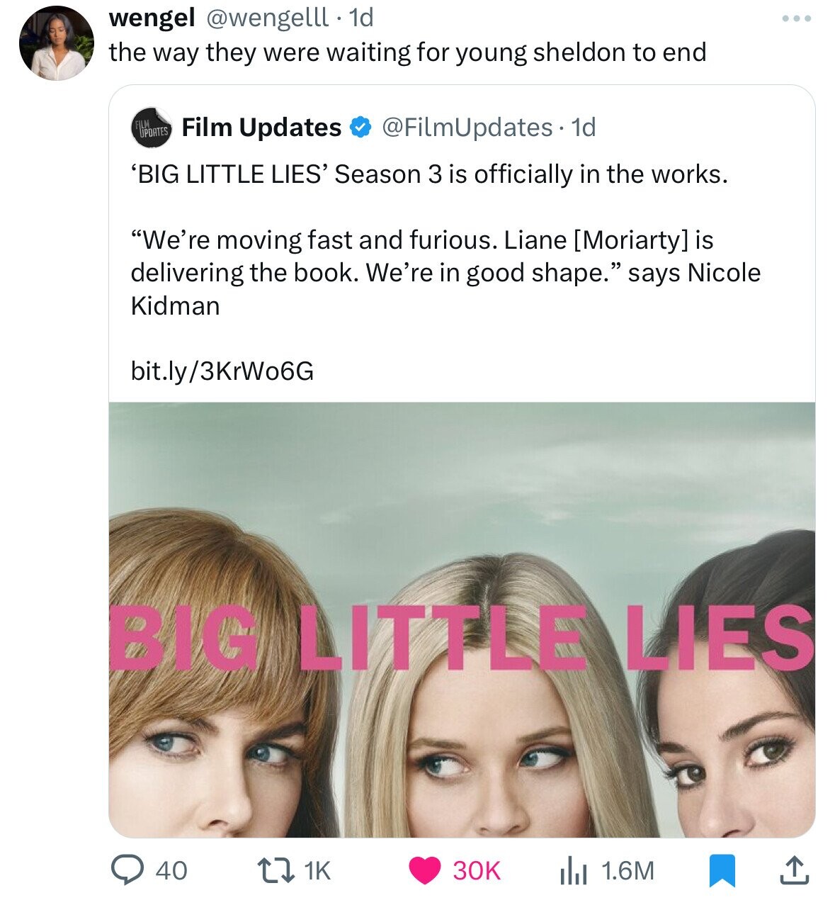 big little lies poster - wengel . 1d the way they were waiting for young sheldon to end Uportes Film Updates 1d 'Big Little Lies' Season 3 is officially in the works.
