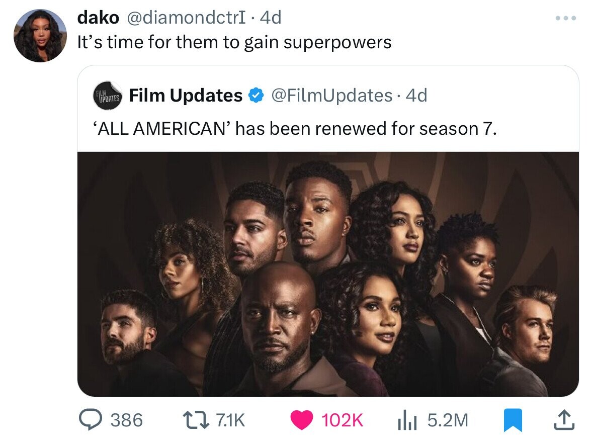 all american - dako 4d It's time for them to gain superpowers Pdates Film Updates 4d 'All American' has been renewed for season 7. 386 tz ili 5.2M
