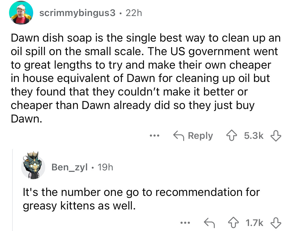 screenshot - scrimmybingus3 22h Dawn dish soap is the single best way to clean up an oil spill on the small scale. The Us government went to great lengths to try and make their own cheaper in house equivalent of Dawn for cleaning up oil but they found tha
