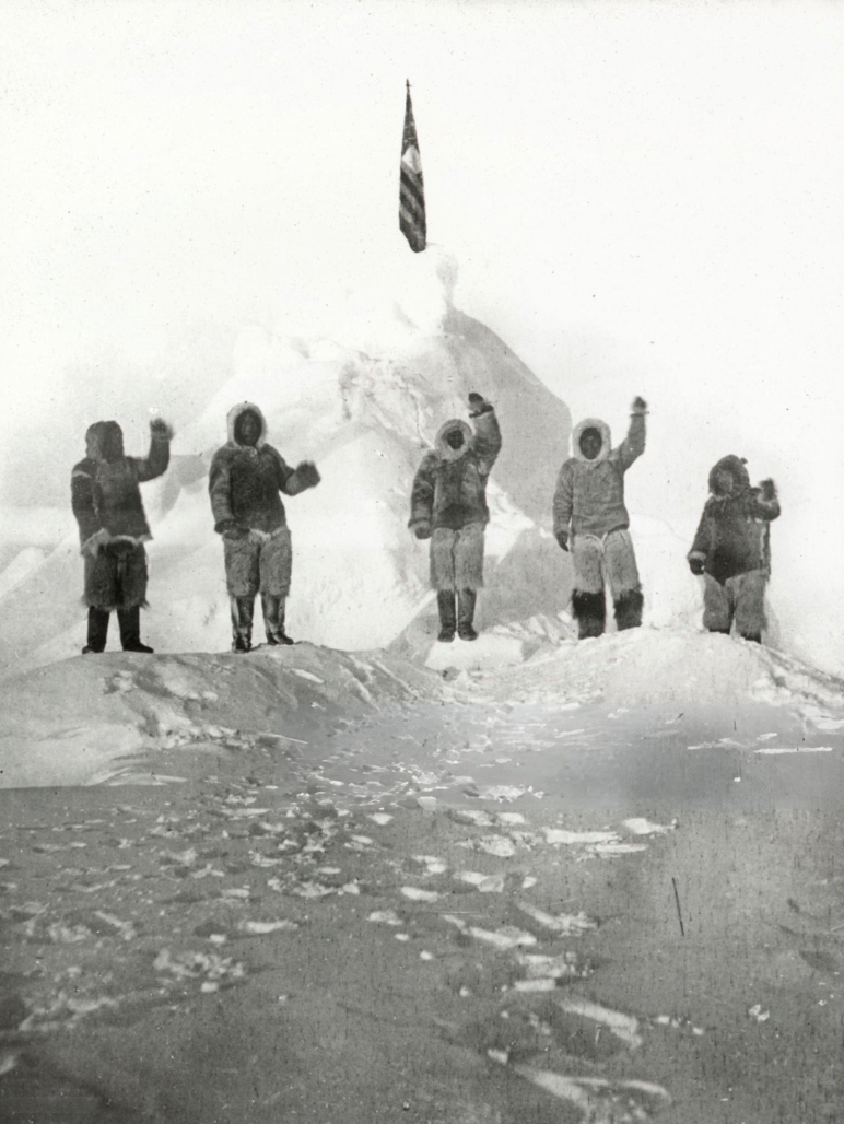 Robert Peary at the North Pole cheering the 'Stars and Stripes'. Peary was an American explorer, and claimed to be the first to have reached the geographic North Pole. Peary's claim was certified by the National Geographic Society, a major sponsor of his expedition, 1909. However, it was never independently verified. Nobody would replicate his alleged feat by foot until 1968. 
