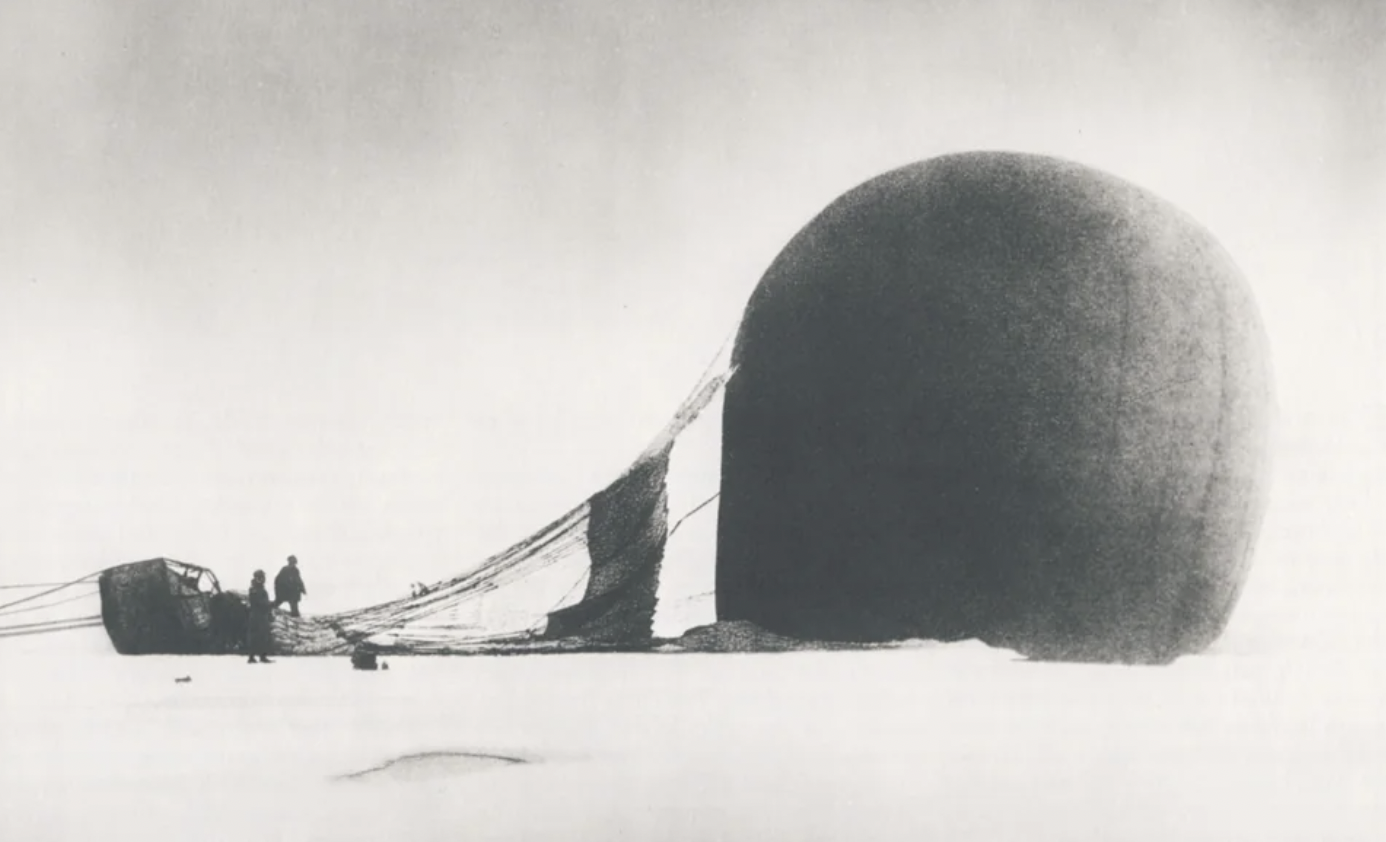 S. A. Andrée and Knut Frænkel with their crashed balloon on the pack ice during the Arctic Balloon Expedition of 1897.