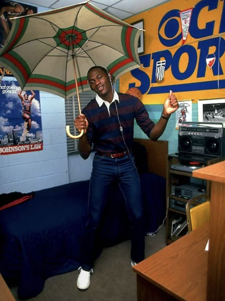 Michael Jordan in his college dorm room, 1983.