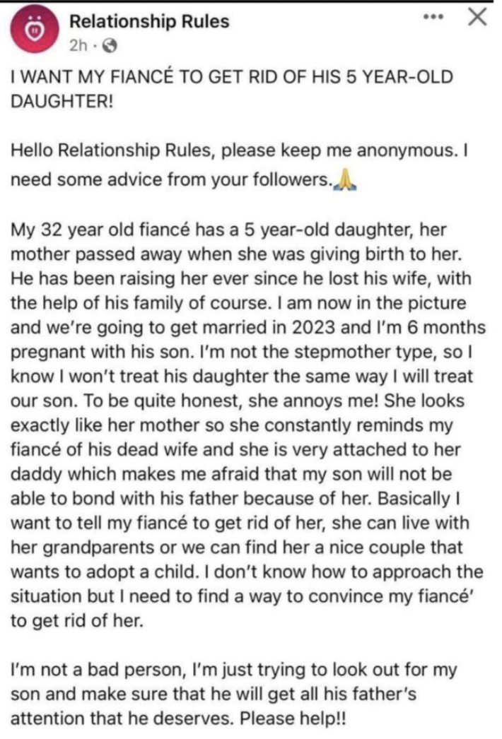 document - Relationship Rules 2h I Want My Fianc To Get Rid Of His 5 YearOld Daughter! Hello Relationship Rules, please keep me anonymous. I need some advice from your ers. My 32 year old fianc has a 5 yearold daughter, her mother passed away when she was