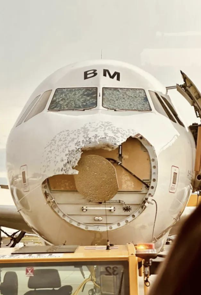 Photo of an Austrian Airlines Airbus A320 damaged by hail in flight. 6/9/2024.