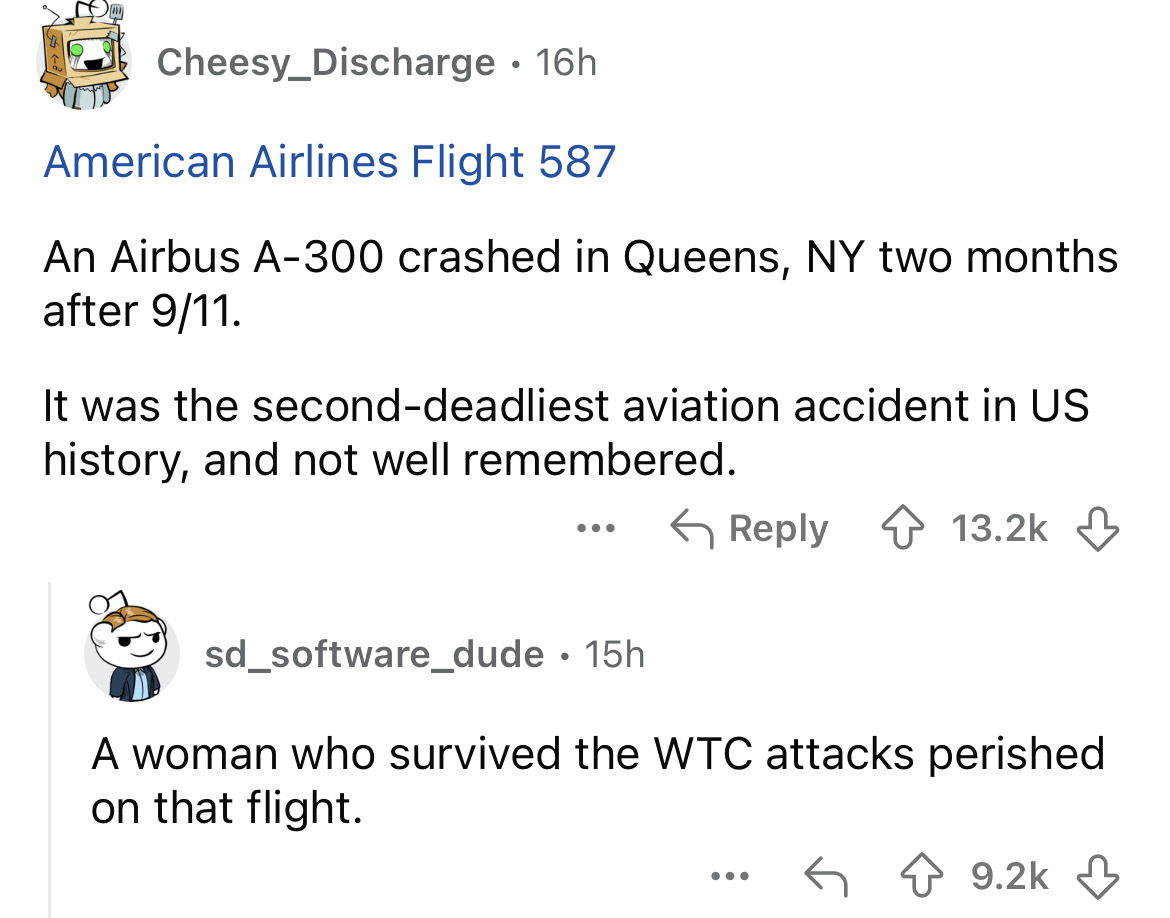 screenshot - Cheesy Discharge 16h. American Airlines Flight 587 An Airbus A300 crashed in Queens, Ny two months after 911. It was the seconddeadliest aviation accident in Us history, and not well remembered. sd_software_dude 15h . A woman who survived the