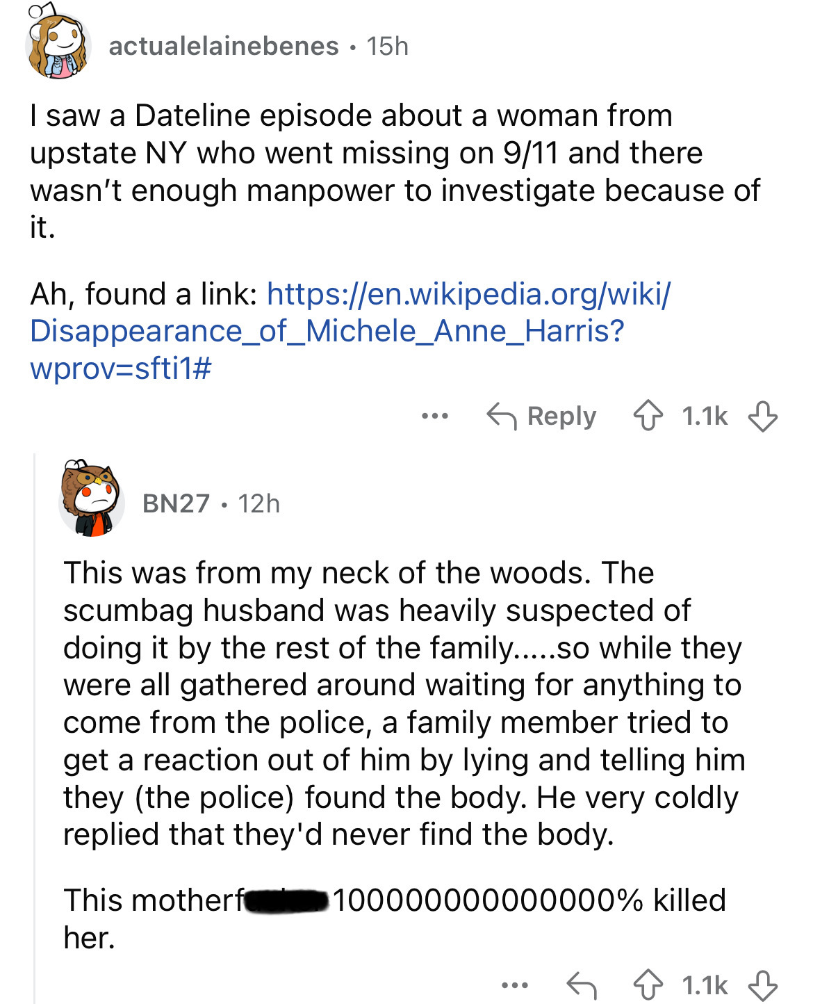 screenshot - actualelainebenes 15h I saw a Dateline episode about a woman from upstate Ny who went missing on 911 and there wasn't enough manpower to investigate because of it. Ah, found a link Disappearance_of_Michele_Anne_Harris? wprovsfti1# ... BN27.12