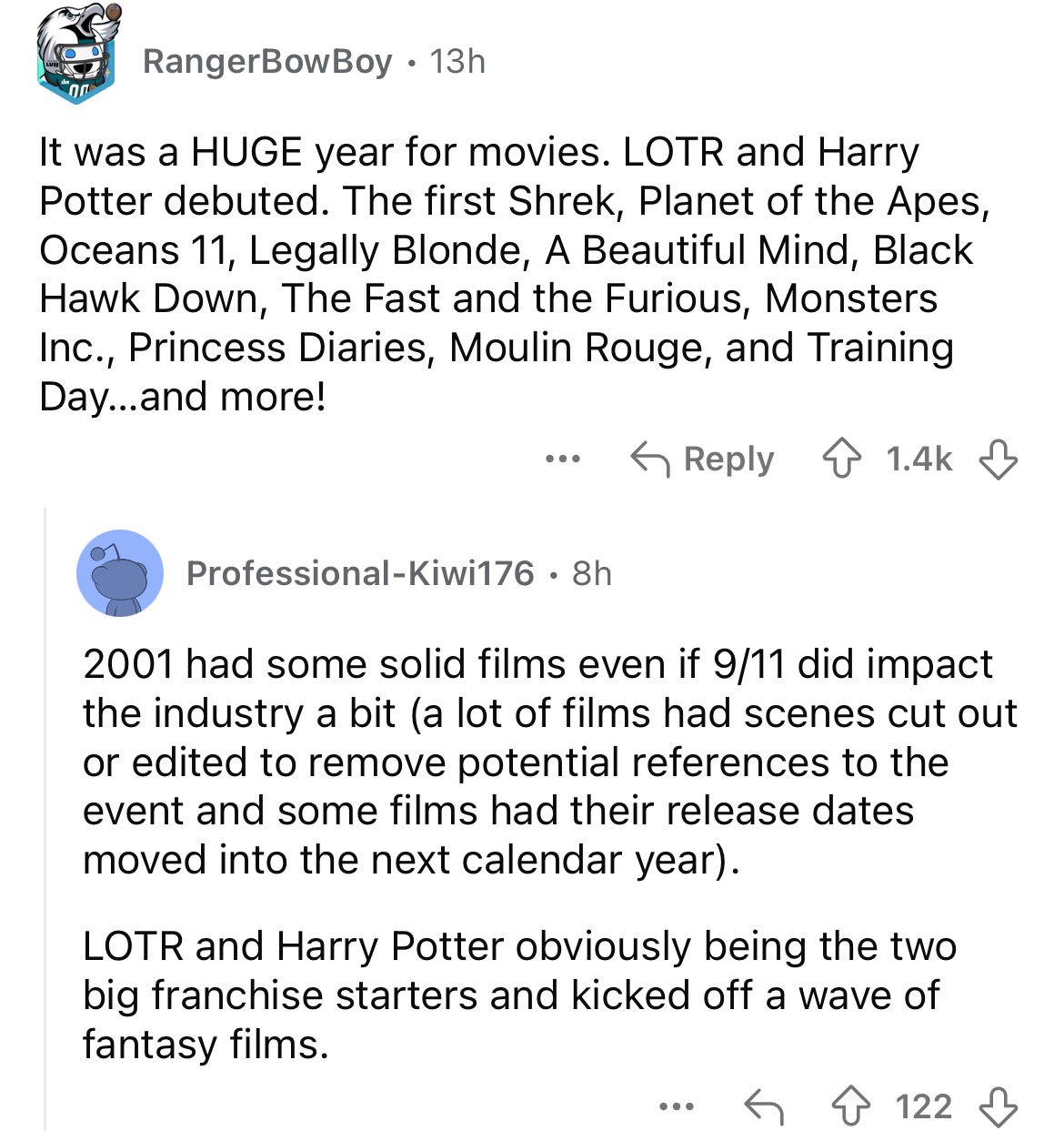 screenshot - RangerBowBoy 13h It was a Huge year for movies. Lotr and Harry Potter debuted. The first Shrek, Planet of the Apes, Oceans 11, Legally Blonde, A Beautiful Mind, Black Hawk Down, The Fast and the Furious, Monsters Inc., Princess Diaries, Mouli