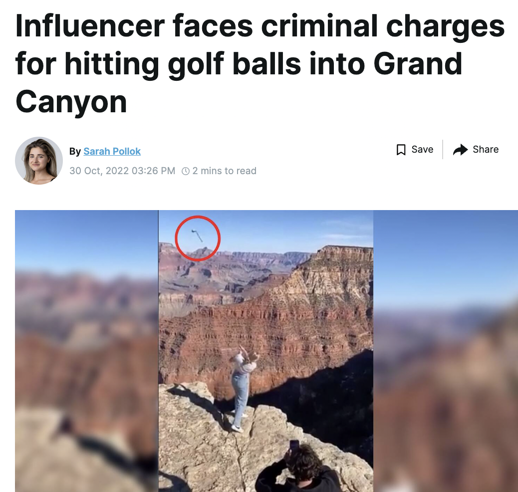 Influencer faces criminal charges for hitting golf balls into Grand Canyon By Sarah Pollok Save 2 mins to read