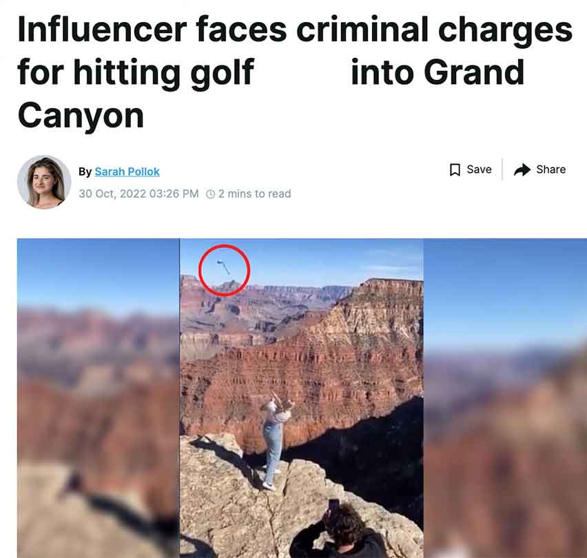 outcrop - Influencer faces criminal charges for hitting golf Canyon into Grand By Sarah Pollok 2 mins to read Save