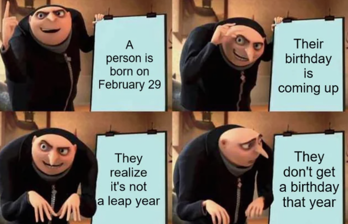 bedwars meme - A person is born on February 29 Their birthday is coming up They realize it's not a leap year They don't get a birthday that year