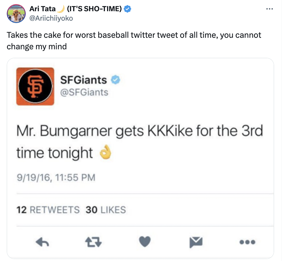 screenshot - Ari Tata It'S ShoTime Takes the cake for worst baseball twitter tweet of all time, you cannot change my mind $ SFGiants Mr. Bumgarner gets KKKike for the 3rd time tonight 91916, 12 30 17