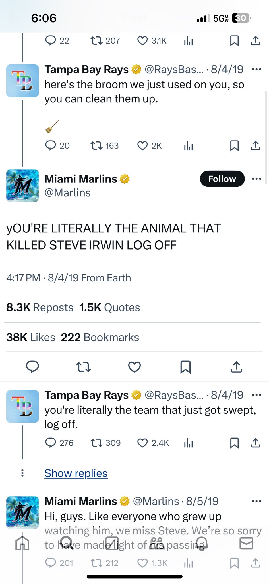 screenshot - Post 5G 30 22 17 207 1 Tampa Bay Rays ... 8419 There's the broom we just used on you, so you can clean them up. M 20 Jl. 1 Miami Marlins You'Re Literally The Animal That Killed Steve Irwin Log Off 8419 From Earth Reposts Quotes 38K 222 Bookma