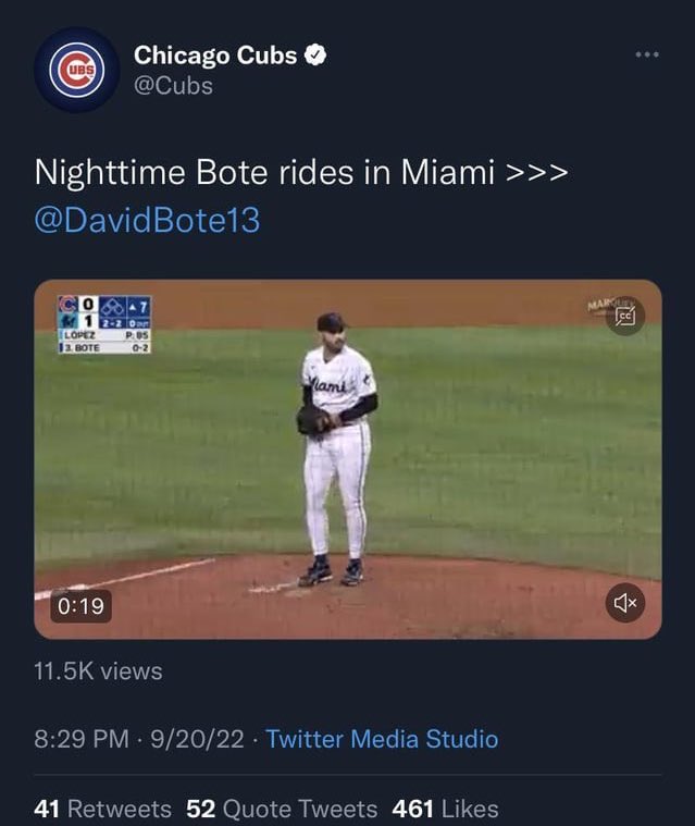 college baseball - Chicago Cubs Nighttime Bote rides in Miami >>> Lopez 13. Bote 7 22 0pm 02 Mami Mainle views 92022 Twitter Media Studio 41 52 Quote Tweets 461