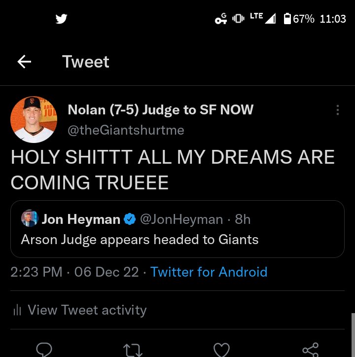 screenshot - Lte 67% Tweet Aar Nolan 75 Judge to Sf Now Holy Shittt All My Dreams Are Coming Trueee Jon Heyman . 8h Arson Judge appears headed to Giants 06 Dec 22 Twitter for Android ili View Tweet activity 17 ge