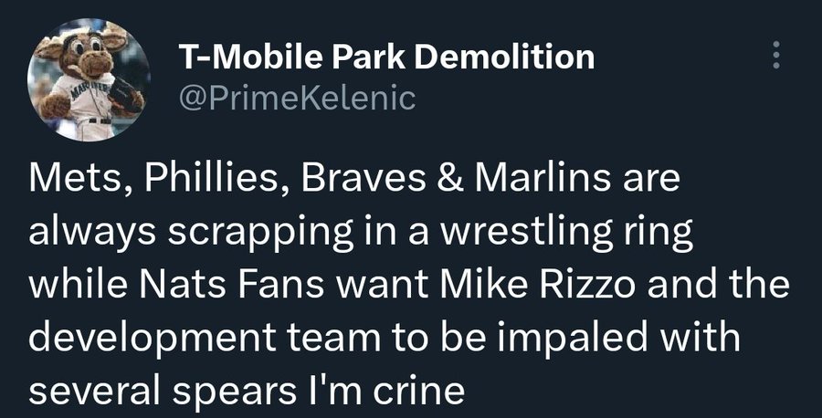 screenshot - TMobile Park Demolition Mets, Phillies, Braves & Marlins are always scrapping in a wrestling ring while Nats Fans want Mike Rizzo and the development team to be impaled with several spears I'm crine