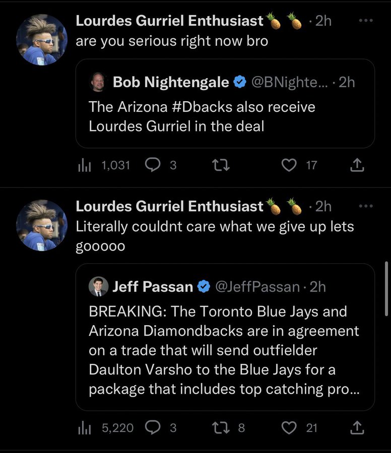 screenshot - Lourdes Gurriel Enthusiast are you serious right now bro Bob Nightengale .2h .... 2h The Arizona also receive Lourdes Gurriel in the deal ill 1,031 3 27 17 Lourdes Gurriel Enthusiast 2h Literally couldnt care what we give up lets gooooo Jeff 