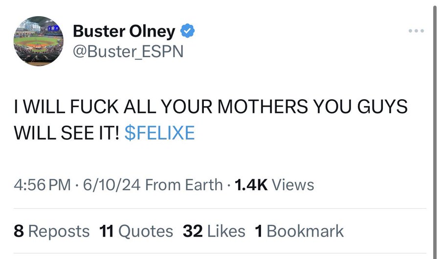 screenshot - Buster Olney Espn I Will Fuck All Your Mothers You Guys Will See It! $Felixe 61024 From Earth Views 8 Reposts 11 Quotes 32 1 Bookmark