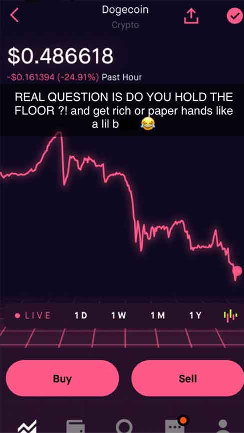 screenshot - R Dogecoin Crypto $0.486618 $0.161394 24.91% Past Hour Real Question Is Do You Hold The Floor ?! and get rich or paper hands a lil b Live 1 D 1 W 1 M 1 Y Buy Sell