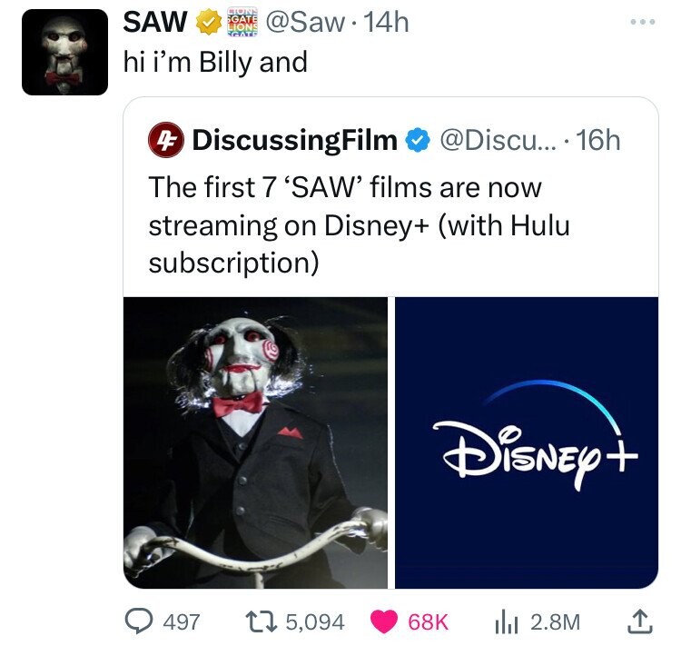 Saw A 14h Tgate hi i'm Billy and DiscussingFilm .... 16h The first 7 'Saw' films are now streaming on Disney with Hulu subscription Disney 497 15, Ilil 2.8M