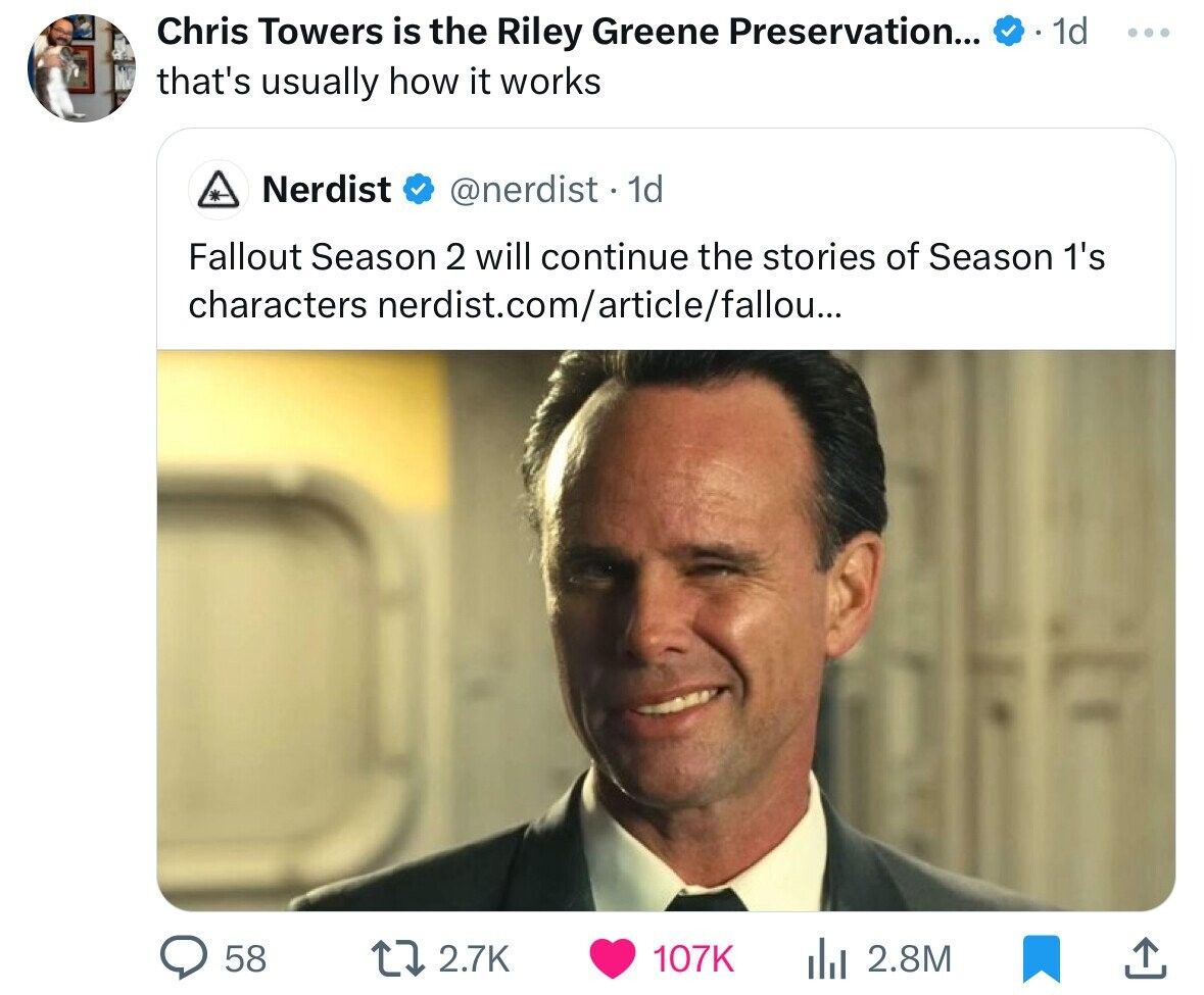 cooper howard fallout - Chris Towers is the Riley Greene Preservation... .1d that's usually how it works A Nerdist 1d Fallout Season 2 will continue the stories of Season 1's characters nerdist.comarticlefallou... 58 l 2.8M