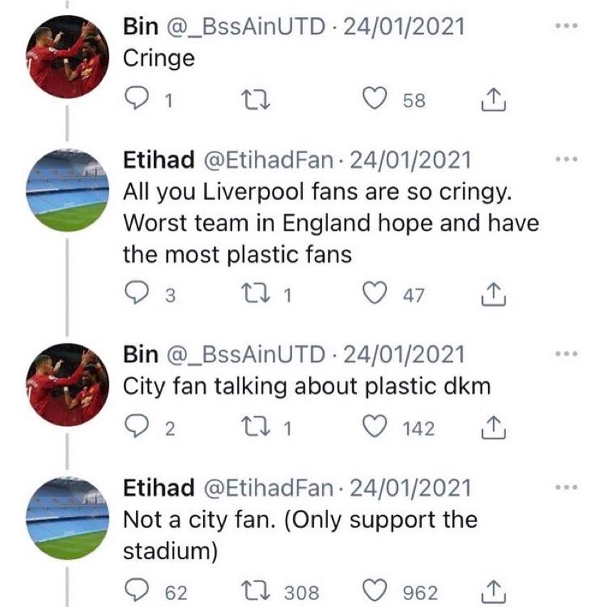 funny tweets june 2024 - circle - Bin Utd 24012021 Cringe 1 27 58 Etihad Fan 24012021 All you Liverpool fans are so cringy. Worst team in England hope and have the most plastic fans 271 47 Bin 24012021 City fan talking about plastic dkm 2 271 142 Etihad F
