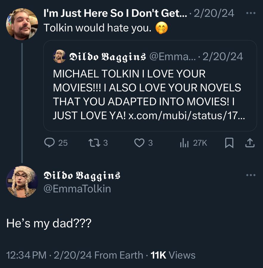 screenshot - I'm Just Here So I Don't Get.... 22024 Tolkin would hate you. Dildo Baggins .... 22024 Michael Tolkin I Love Your Movies!!! I Also Love Your Novels That You Adapted Into Movies! I Just Love Ya! x.commubistatus17... 25 173 3 ili 27K 1 Dildo Ba