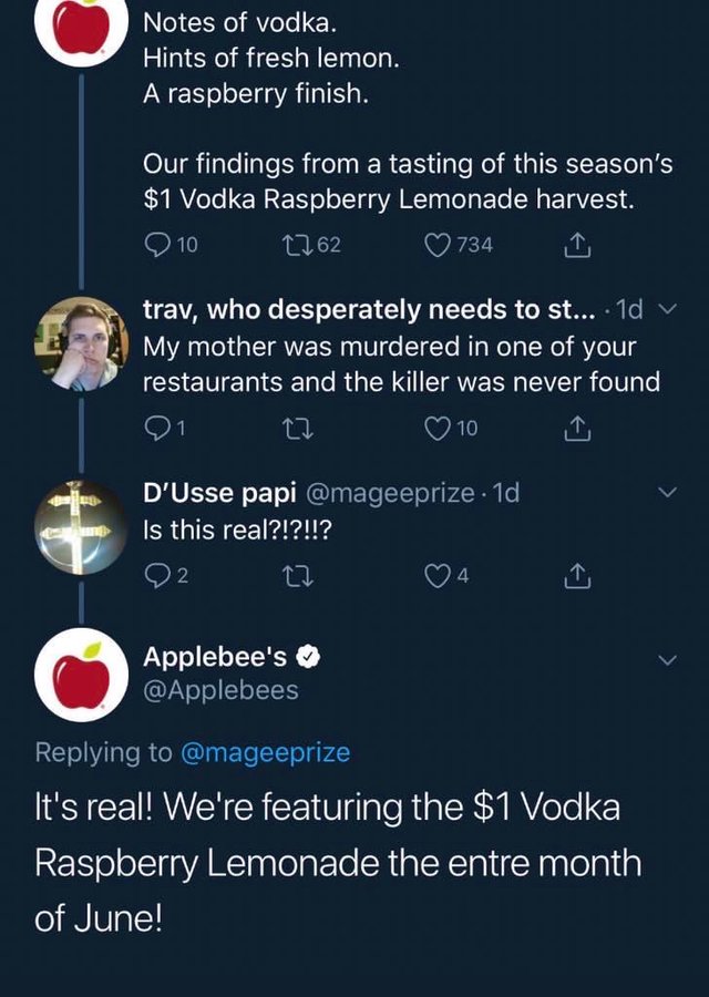 funny tweets june 2024 - funny twitter interactions - Notes of vodka. Hints of fresh lemon. A raspberry finish. Our findings from a tasting of this season's $1 Vodka Raspberry Lemonade harvest. 10 1762 734 trav, who desperately needs to st.... 1d v My mot