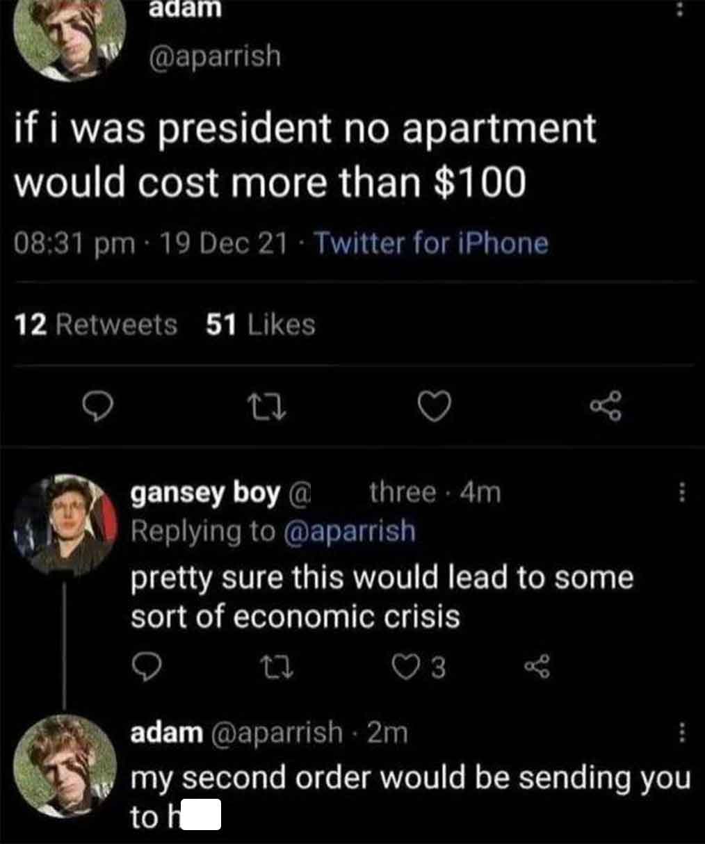 funny tweets june 2024 - screenshot - adam if i was president no apartment would cost more than $100 19 Dec 21 Twitter for iPhone 12 51 gansey boy@ three 4m pretty sure this would lead to some sort of economic crisis 27 3 adam 2m my second order would be 