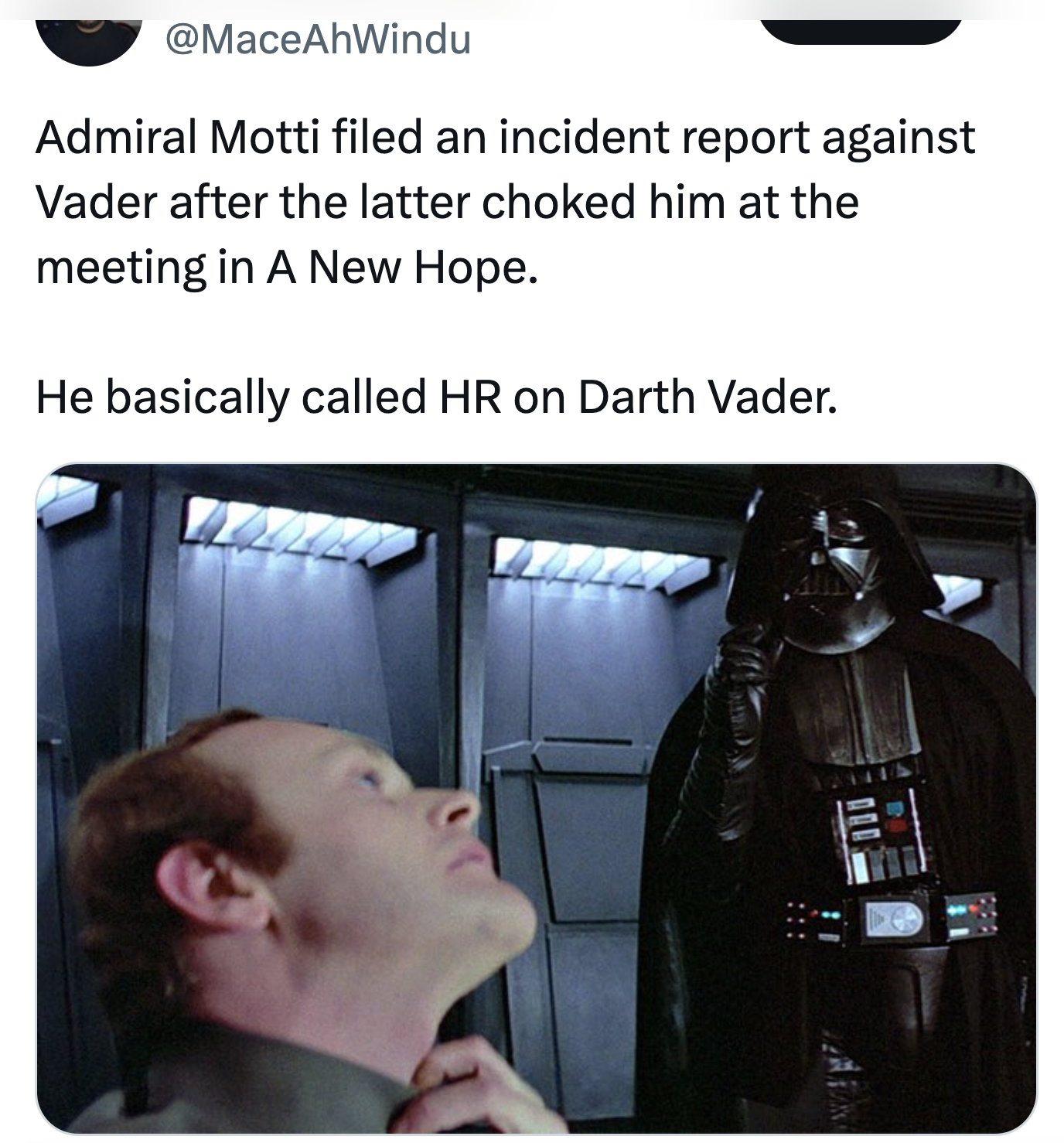 darth vader lack of faith - Admiral Motti filed an incident report against Vader after the latter choked him at the meeting in A New Hope. He basically called Hr on Darth Vader.