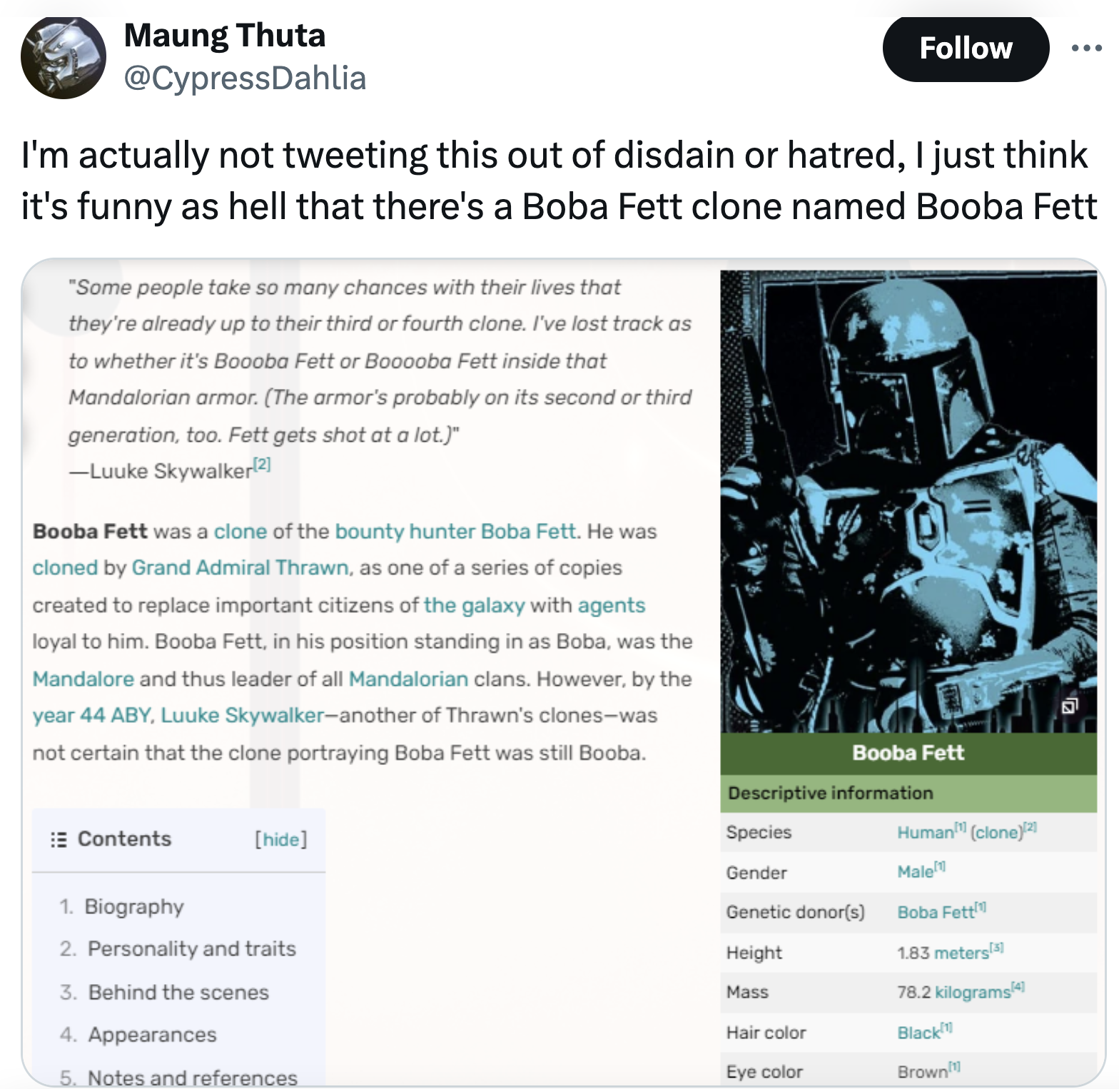 web page - Maung Thuta Dahlia I'm actually not tweeting this out of disdain or hatred, I just think it's funny as hell that there's a Boba Fett clone named Booba Fett "Some people take so many chances with their lives that they're already up to their thir