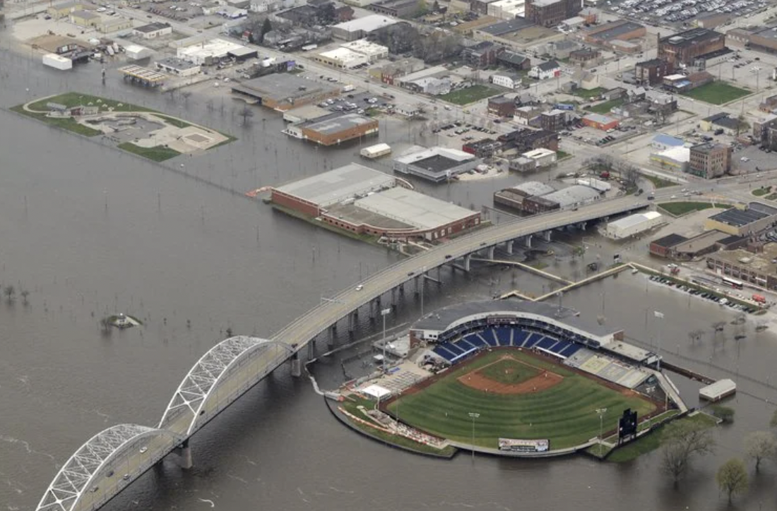 The Quad Cities River Bandits hosted a double header and practiced at home despite their field being entirely surrounded by a flooded Mississippi River.