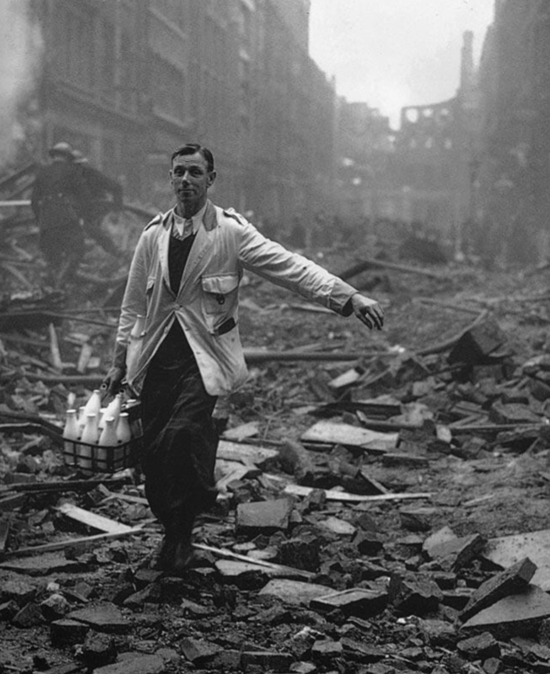 Milk man in bombed out WWII London.