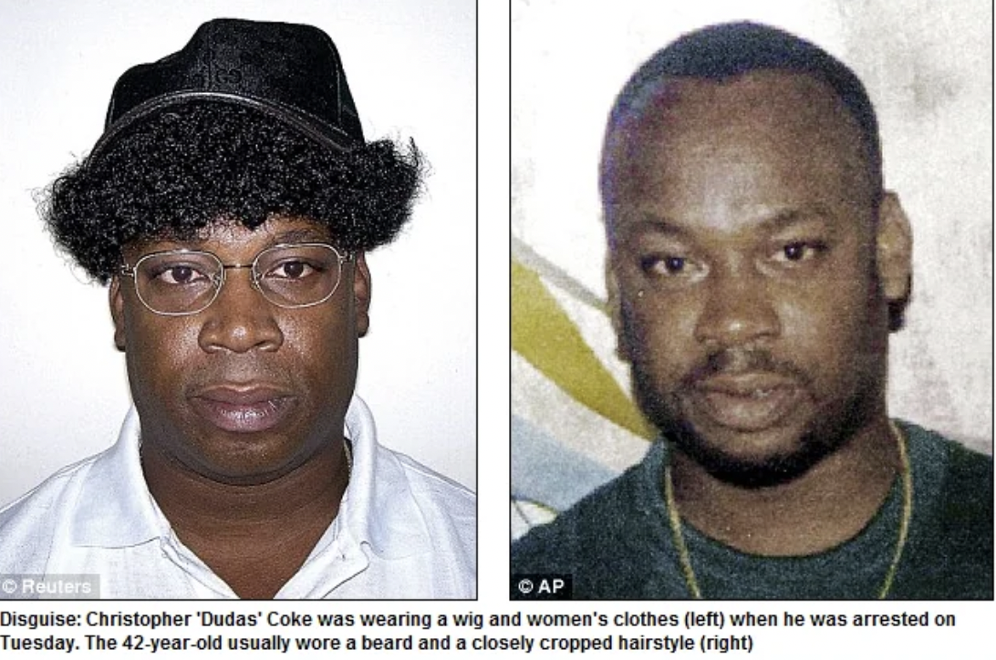 christopher dudus coke - Reuters Cap Disguise Christopher 'Dudas' Coke was wearing a wig and women's clothes left when he was arrested on Tuesday. The 42yearold usually wore a beard and a closely cropped hairstyle right