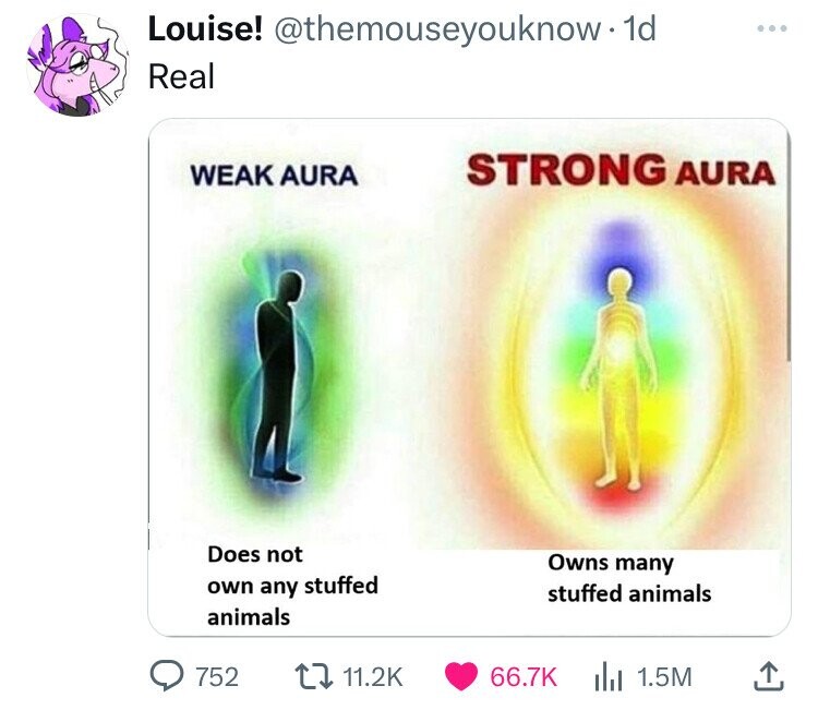 weak aura strong aura meme - Louise! 1d Real Weak Aura Strong Aura Does not own any stuffed animals 752 Owns many stuffed animals 1.5M