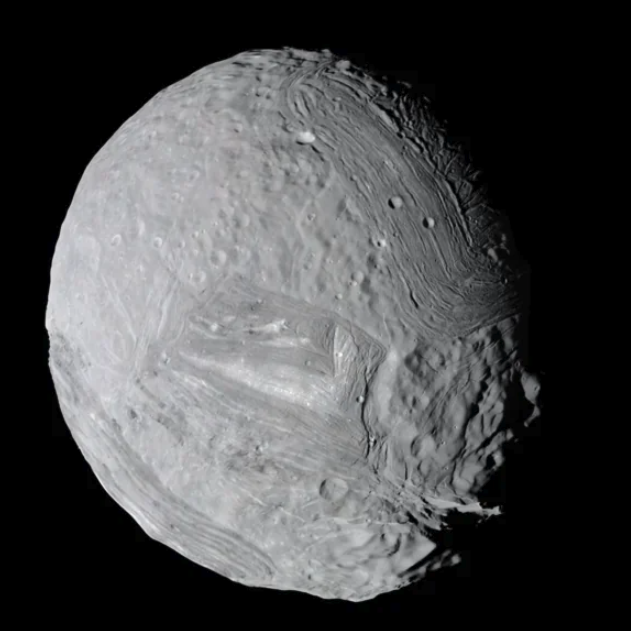 Photograph of Miranda, a moon of Uranus, by Voyager-2