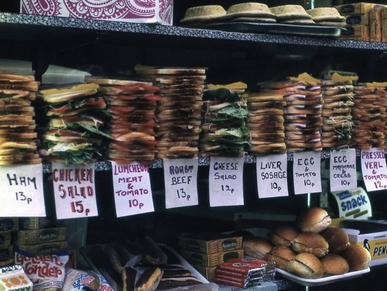 Sandwiches for sale in London, 1972