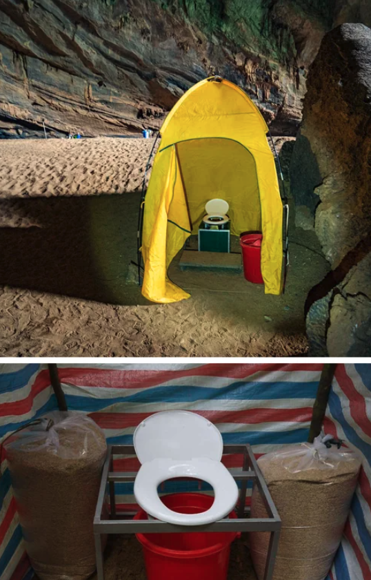 “The kind of toilet you're obligated to use if you want to visit the largest cave in the world in Vietnam. Your waste is covered with rice husks and carried out by porters, so that nothing is left behind” 